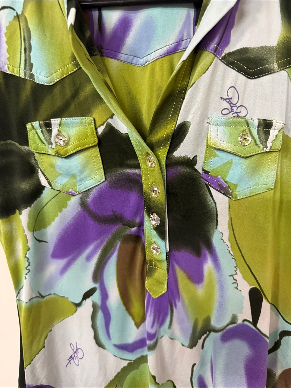 Baby Phat Green Purple Floral Button-Up Polo Y2K - Picture 3 of 4